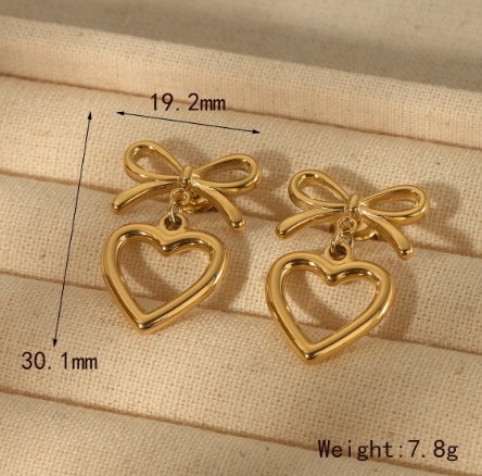 304 Stainless Steel 14K Gold Plated Sweet Commute Heart Shape Bow Knot Earrings Necklace Jewelry Set