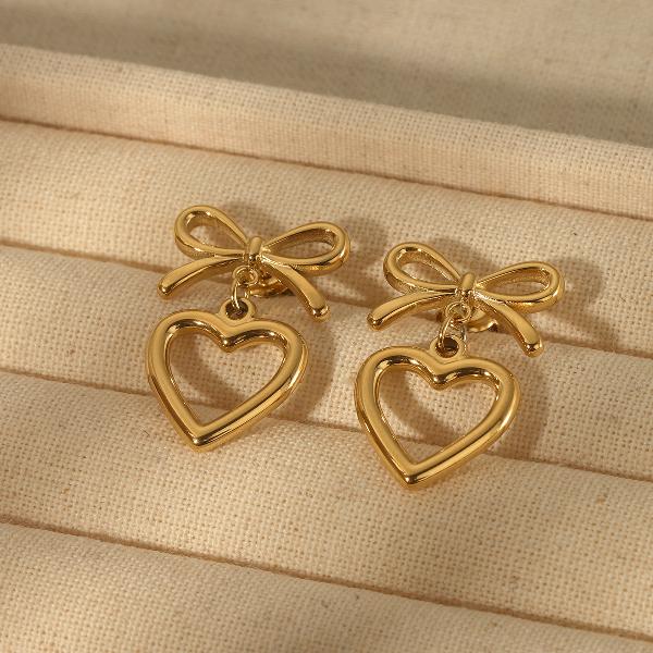 304 Stainless Steel 14K Gold Plated Sweet Commute Heart Shape Bow Knot Earrings Necklace Jewelry Set