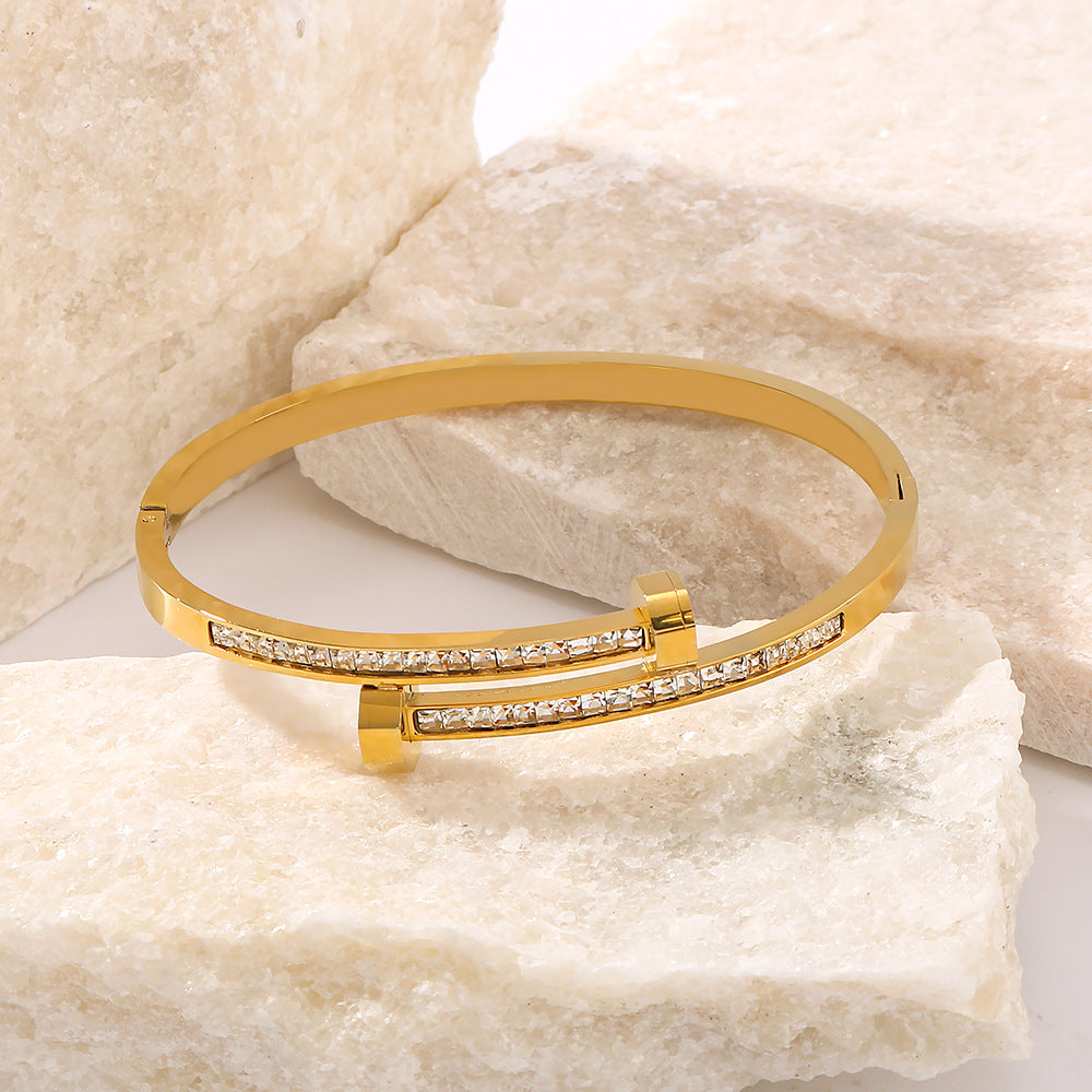 Basic Classic Style Commute Solid Color Nail 304 Stainless Steel 18K Gold Plated Zircon Bangle In Bulk