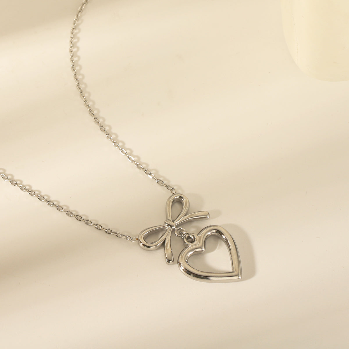 304 Stainless Steel 14K Gold Plated Sweet Commute Heart Shape Bow Knot Earrings Necklace Jewelry Set
