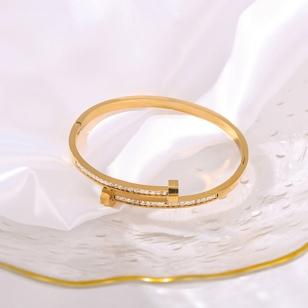 Basic Classic Style Commute Solid Color Nail 304 Stainless Steel 18K Gold Plated Zircon Bangle In Bulk