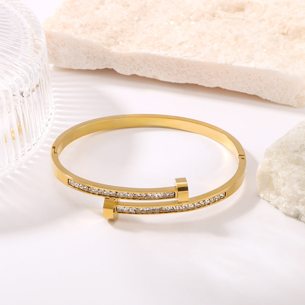 Basic Classic Style Commute Solid Color Nail 304 Stainless Steel 18K Gold Plated Zircon Bangle In Bulk