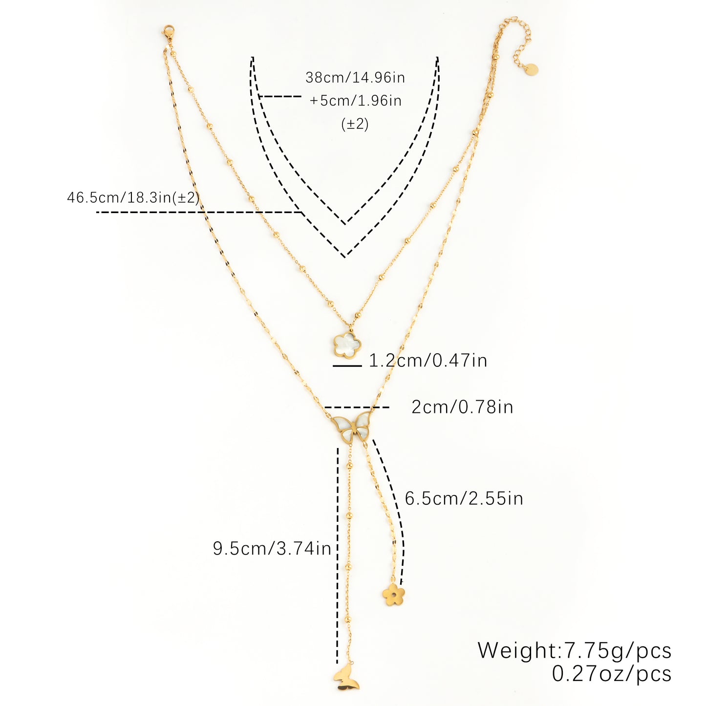 304 Stainless Steel 18K Gold Plated Sweet Streetwear Plating Inlay Flower Butterfly Shell Double Layer Necklaces