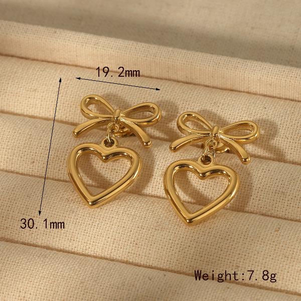 304 Stainless Steel 14K Gold Plated Sweet Commute Heart Shape Bow Knot Earrings Necklace Jewelry Set