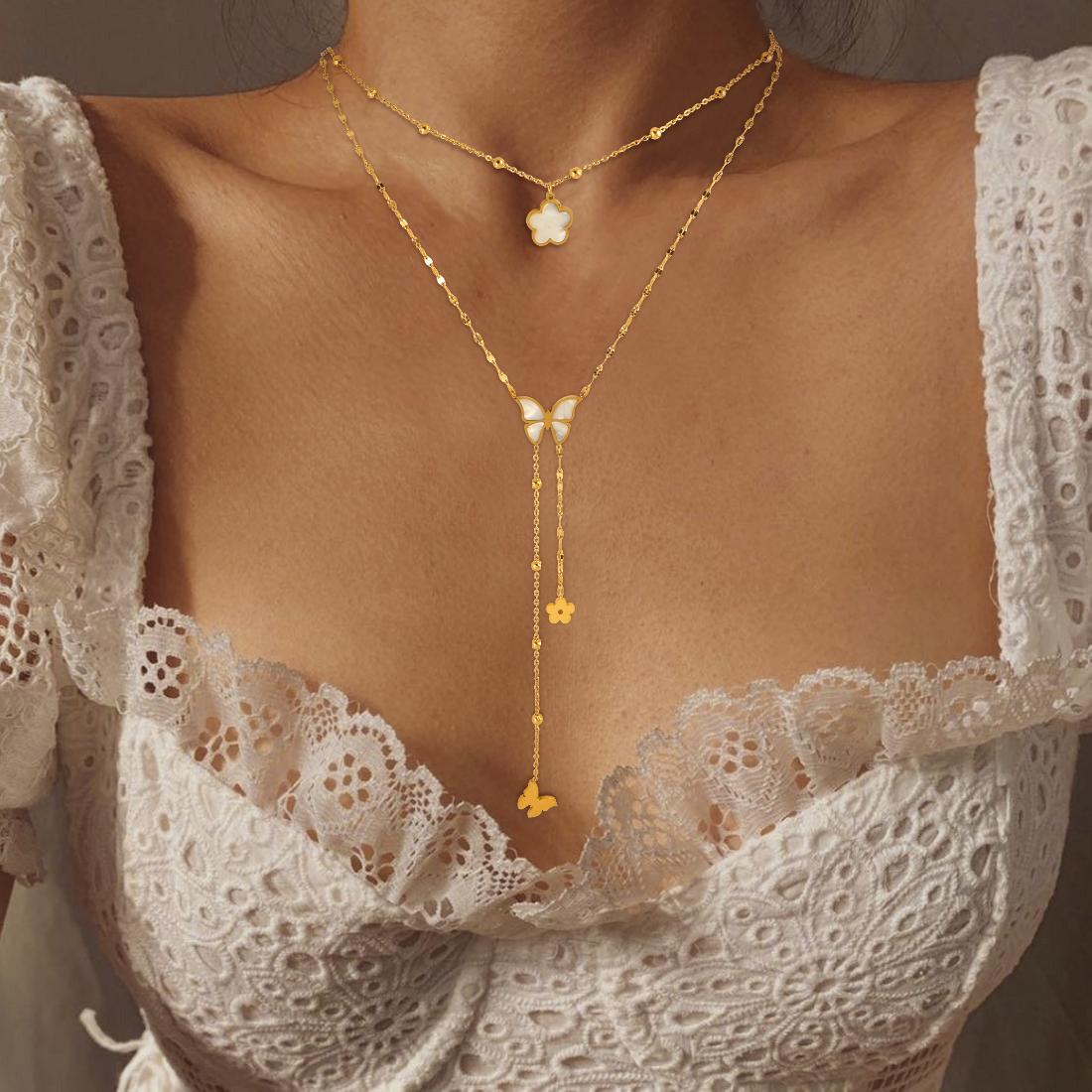 304 Stainless Steel 18K Gold Plated Sweet Streetwear Plating Inlay Flower Butterfly Shell Double Layer Necklaces