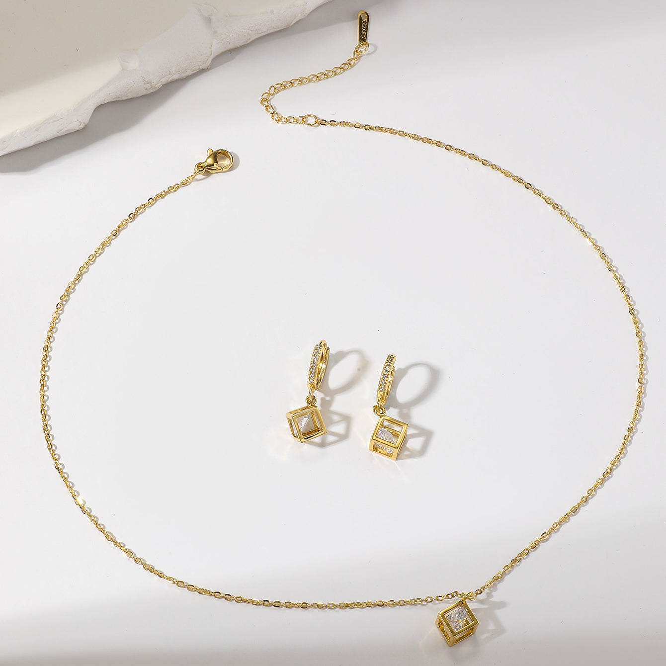 ig style simple style rubik's cube stainless steel plating inlay zircon gold plated jewelry set