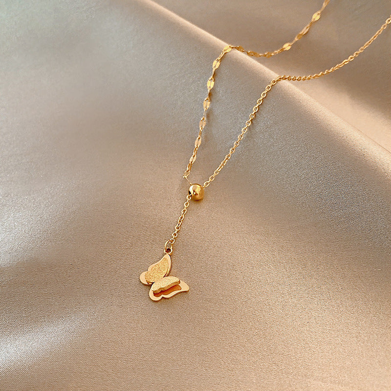 Titanium Steel Elegant Simple Style Heart Shape Butterfly Zircon Pendant Necklace