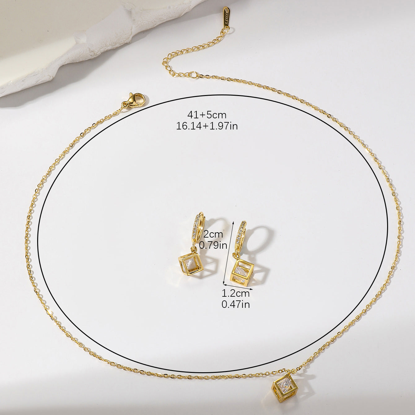 ig style simple style rubik's cube stainless steel plating inlay zircon gold plated jewelry set
