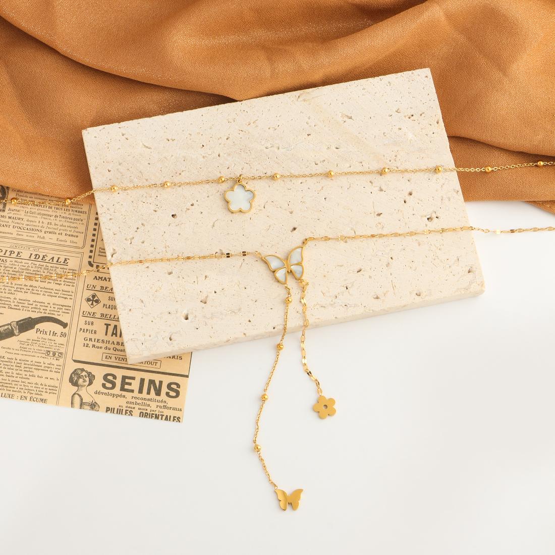 304 Stainless Steel 18K Gold Plated Sweet Streetwear Plating Inlay Flower Butterfly Shell Double Layer Necklaces
