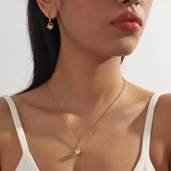ig style simple style rubik's cube stainless steel plating inlay zircon gold plated jewelry set