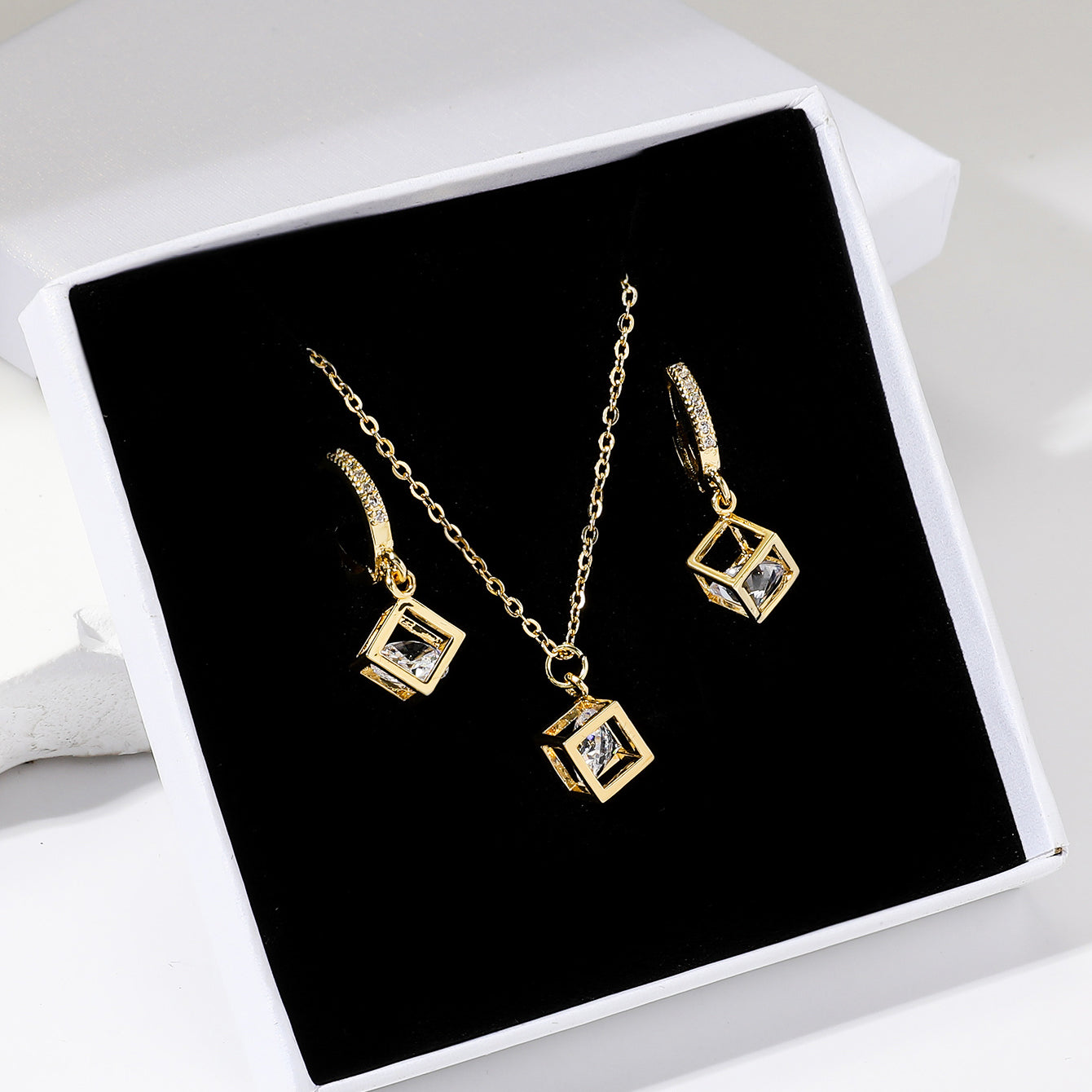 ig style simple style rubik's cube stainless steel plating inlay zircon gold plated jewelry set