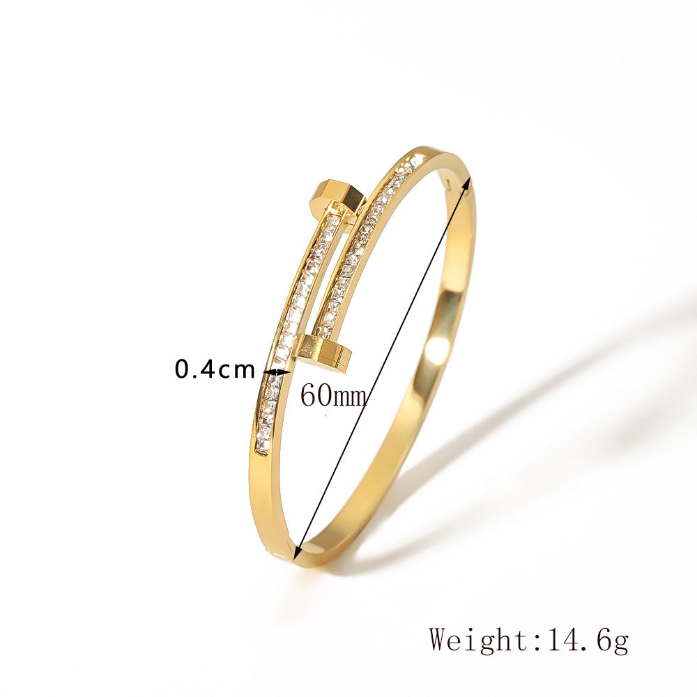 Basic Classic Style Commute Solid Color Nail 304 Stainless Steel 18K Gold Plated Zircon Bangle In Bulk