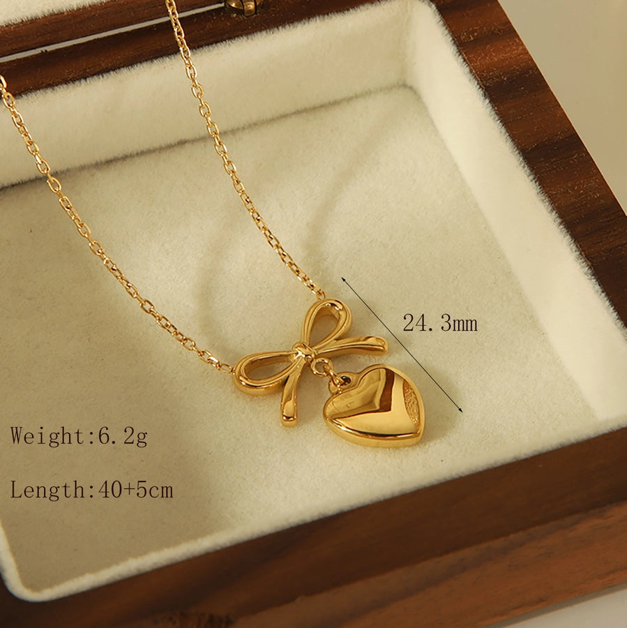 304 Stainless Steel 14K Gold Plated French Style Romantic Commute Heart Shape Bow Knot Pendant Necklace