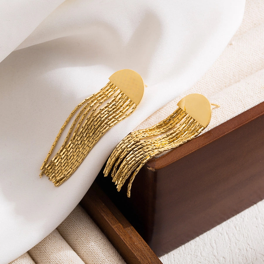 1 pair elegant luxurious round tassel solid color plating chain inlay stainless steel zircon 18k gold plated drop earrings