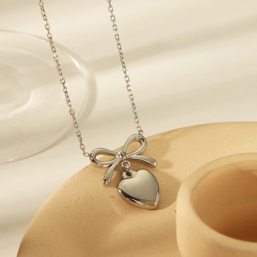 304 Stainless Steel 14K Gold Plated French Style Romantic Commute Heart Shape Bow Knot Pendant Necklace
