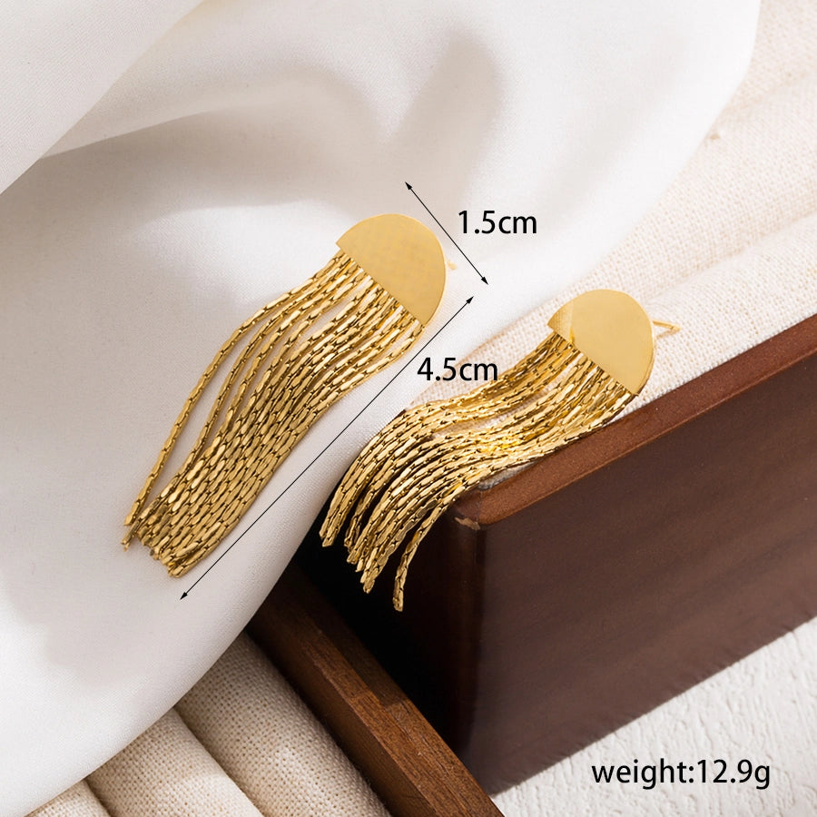 1 pair elegant luxurious round tassel solid color plating chain inlay stainless steel zircon 18k gold plated drop earrings