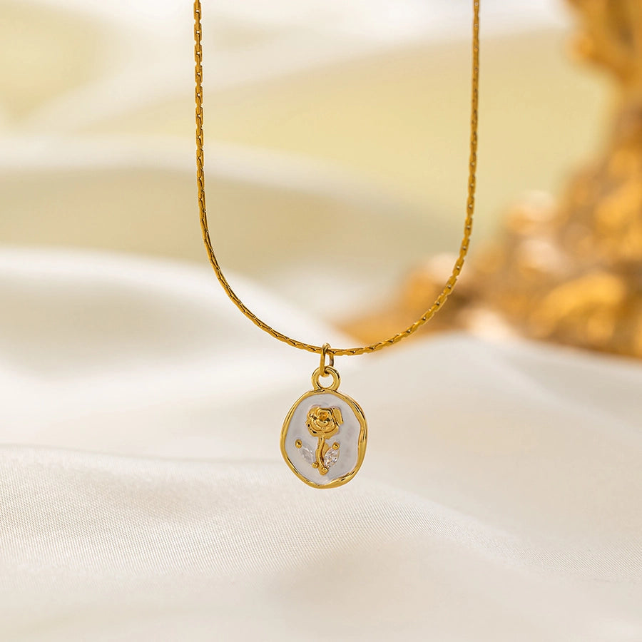 304 Stainless Steel 18K Gold Plated Casual Simple Style Commute Inlay Dolphin Flower Butterfly Acrylic Artificial Rhinestones Pendant Necklace