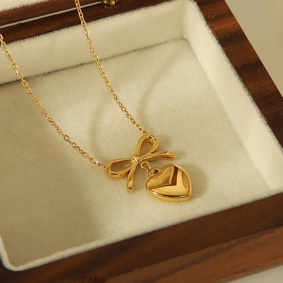 304 Stainless Steel 14K Gold Plated French Style Romantic Commute Heart Shape Bow Knot Pendant Necklace