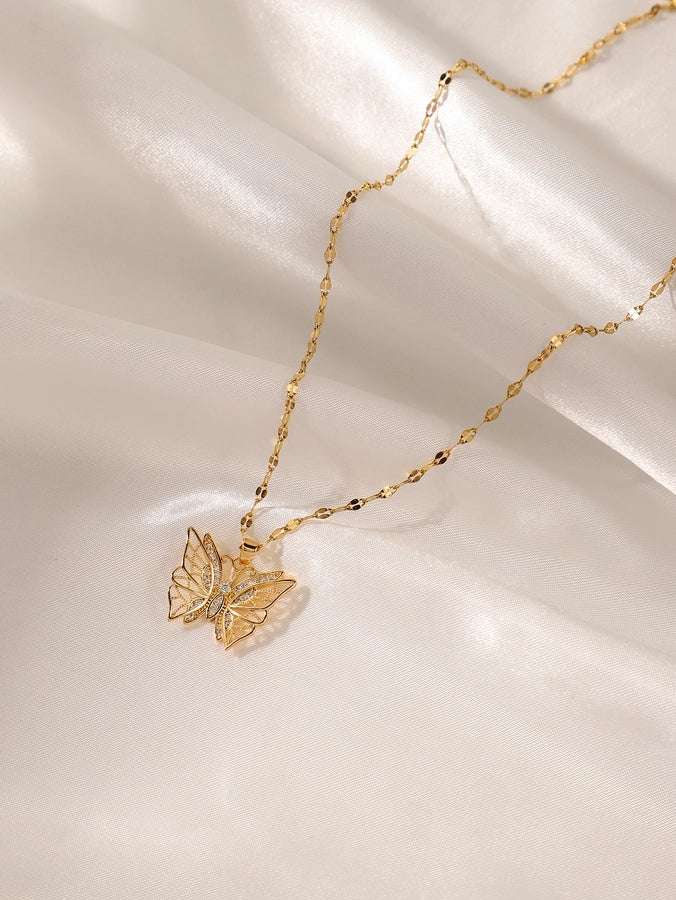 elegant butterfly stainless steel zircon 18k gold plated pendant necklace