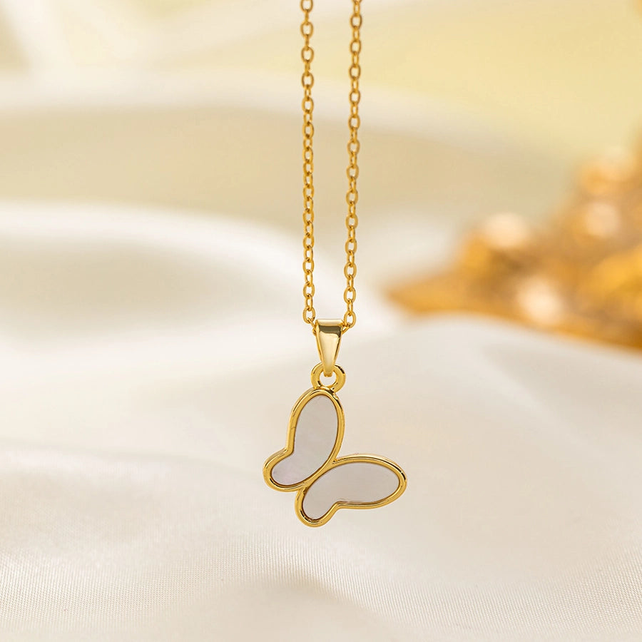 304 Stainless Steel 18K Gold Plated Casual Simple Style Commute Inlay Dolphin Flower Butterfly Acrylic Artificial Rhinestones Pendant Necklace