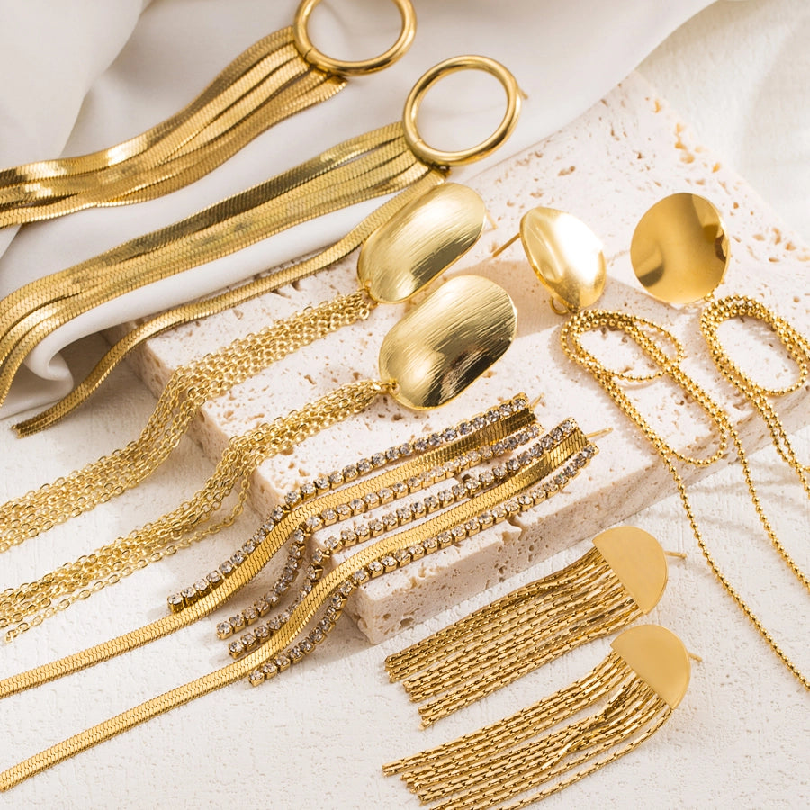 1 pair elegant luxurious round tassel solid color plating chain inlay stainless steel zircon 18k gold plated drop earrings