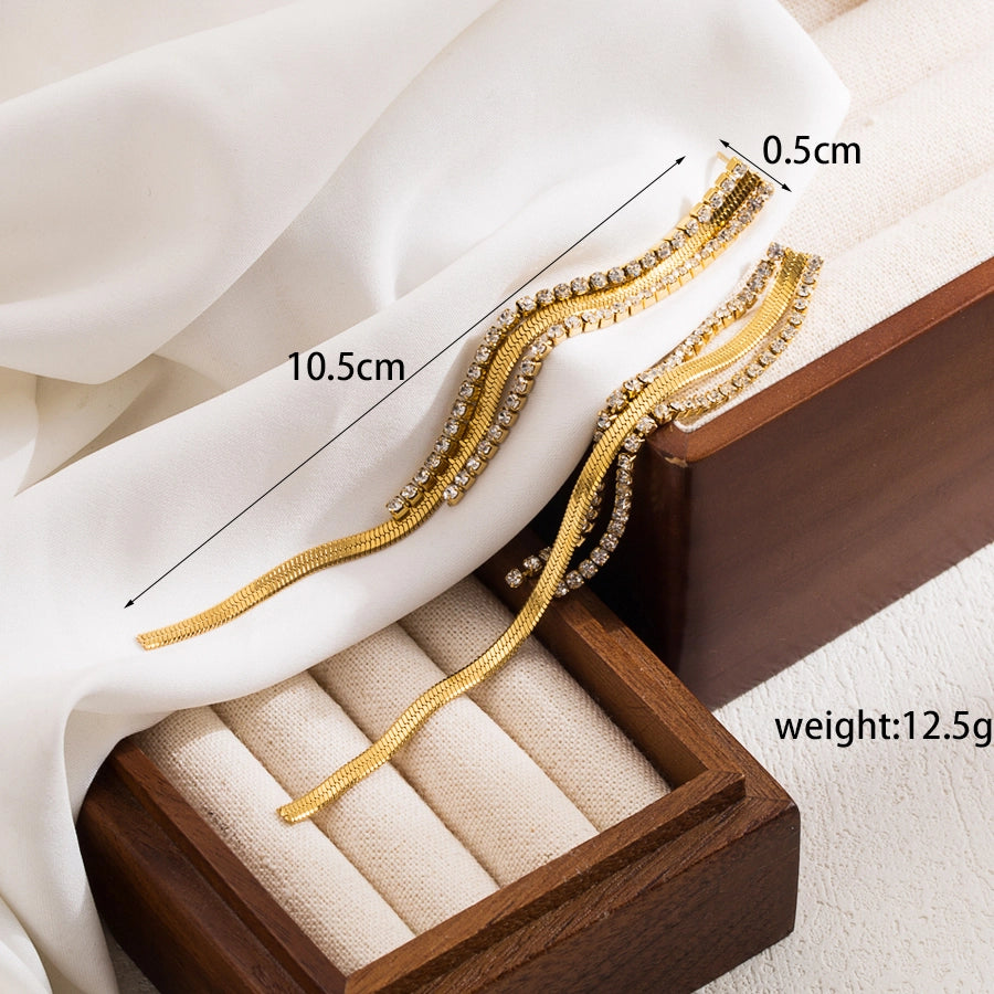 1 pair elegant luxurious round tassel solid color plating chain inlay stainless steel zircon 18k gold plated drop earrings