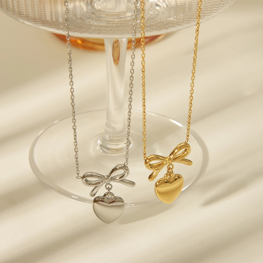 304 Stainless Steel 14K Gold Plated French Style Romantic Commute Heart Shape Bow Knot Pendant Necklace