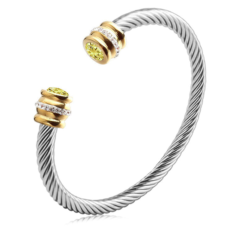simple style solid color stainless steel inlay zircon cuff bracelets