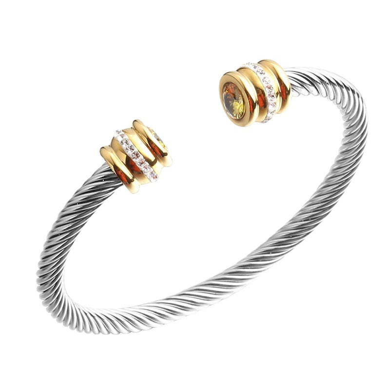 simple style solid color stainless steel inlay zircon cuff bracelets