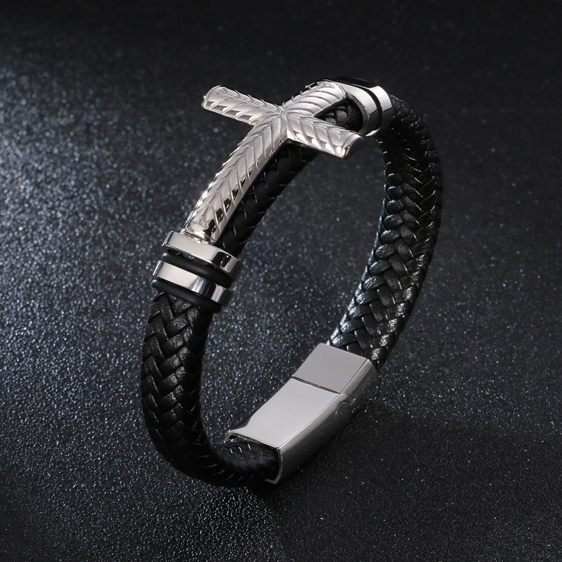 fashion cross rectangle stainless steel pu leather braid unisex bracelets