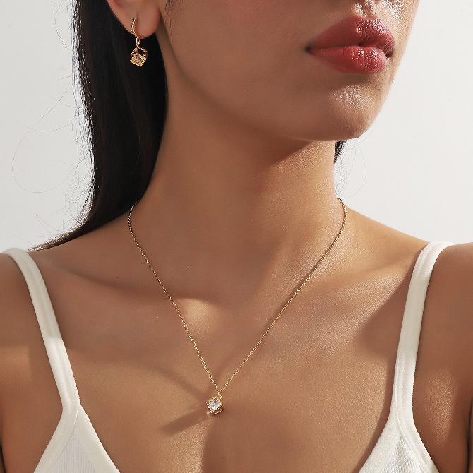 ig style simple style rubik's cube stainless steel plating inlay zircon gold plated jewelry set