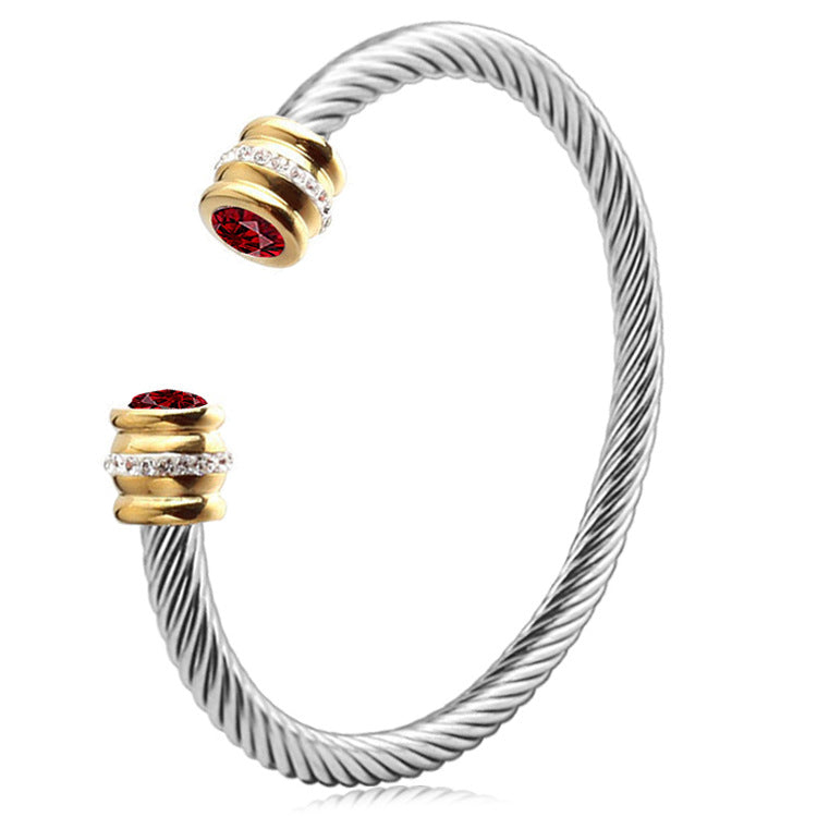 simple style solid color stainless steel inlay zircon cuff bracelets