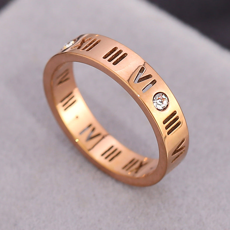 Titanium Steel Simple Style Plating Hollow Out Inlay Roman Numeral Zircon Rings