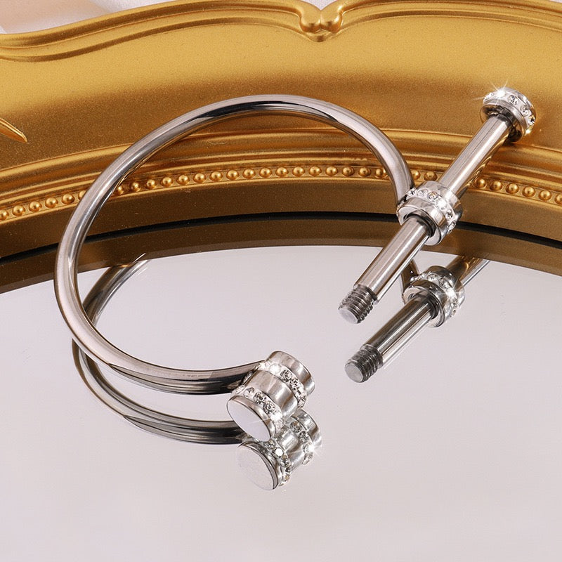 Roman Style Solid Color 304 Stainless Steel 18K Gold Plated Rhinestones Bangle In Bulk