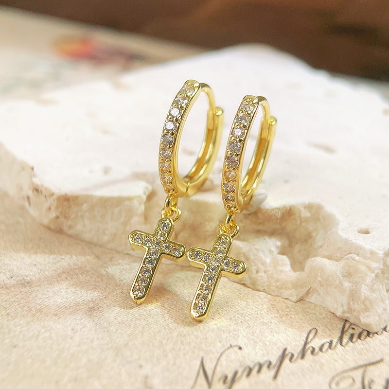 1 pair simple style cross copper zircon drop earrings
