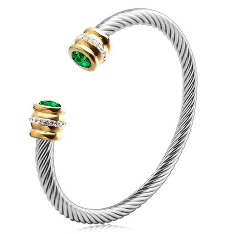 simple style solid color stainless steel inlay zircon cuff bracelets