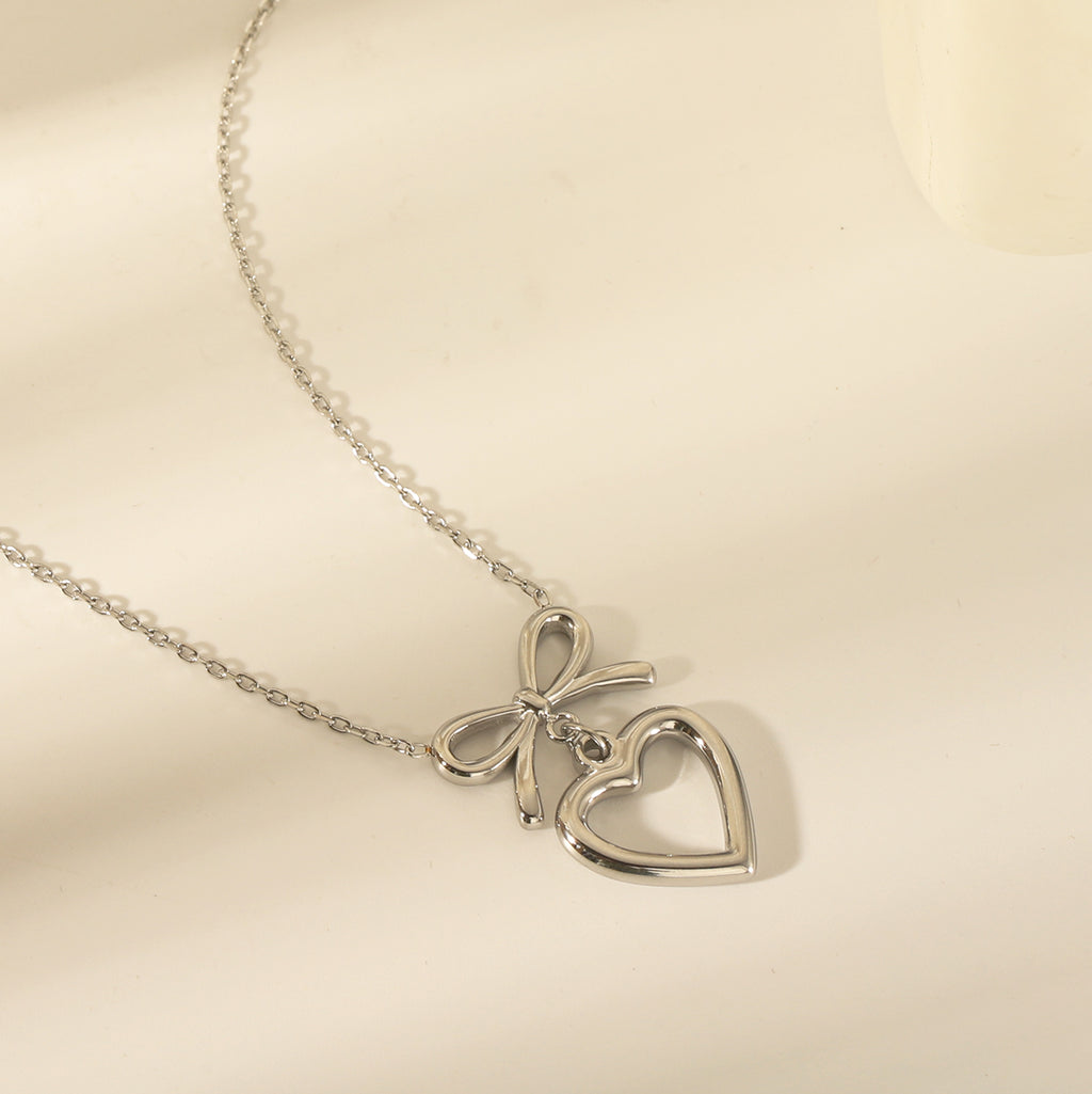 304 Stainless Steel 14K Gold Plated Sweet Commute Heart Shape Bow Knot Earrings Necklace Jewelry Set