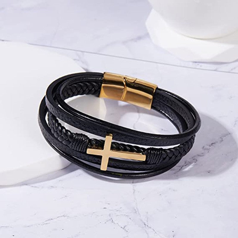 fashion cross rectangle stainless steel pu leather braid unisex bracelets