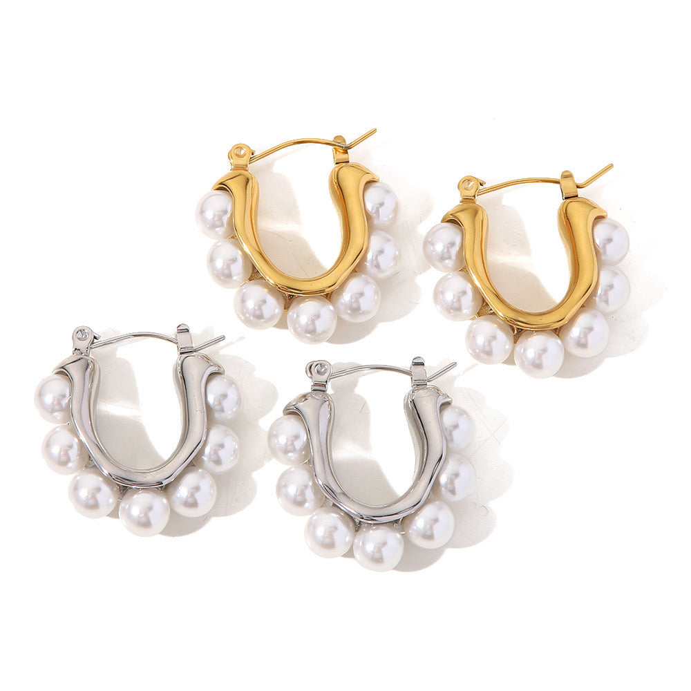 1 pair simple style u shape plating inlay stainless steel artificial pearls 14k gold plated ear studs