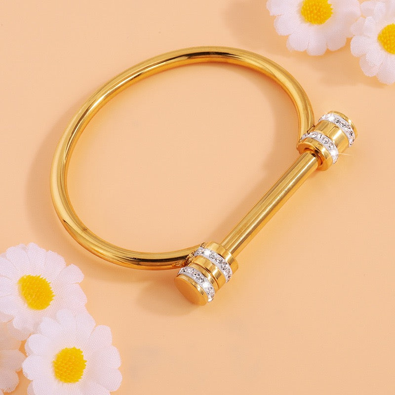 Roman Style Solid Color 304 Stainless Steel 18K Gold Plated Rhinestones Bangle In Bulk