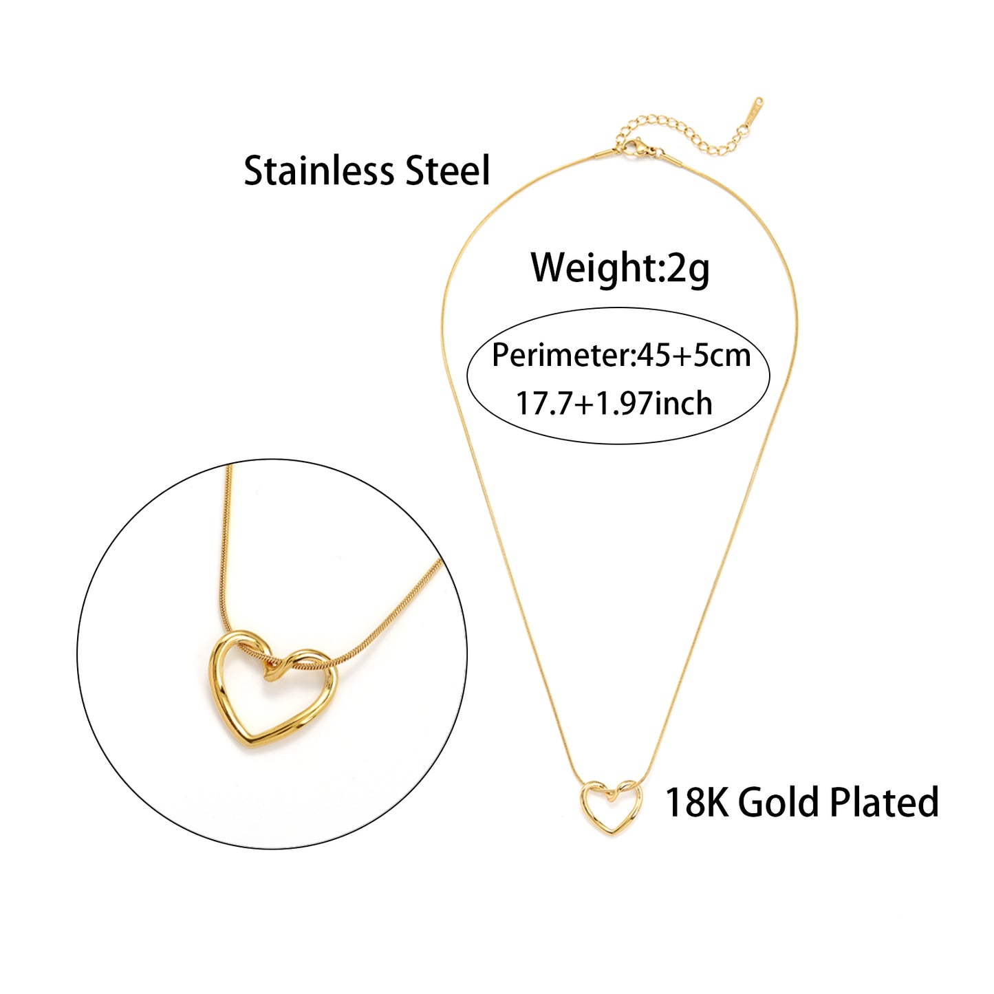 elegant simple style heart shape stainless steel hollow out 18k gold plated pendant necklace