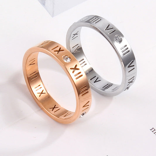 Titanium Steel Simple Style Plating Hollow Out Inlay Roman Numeral Zircon Rings