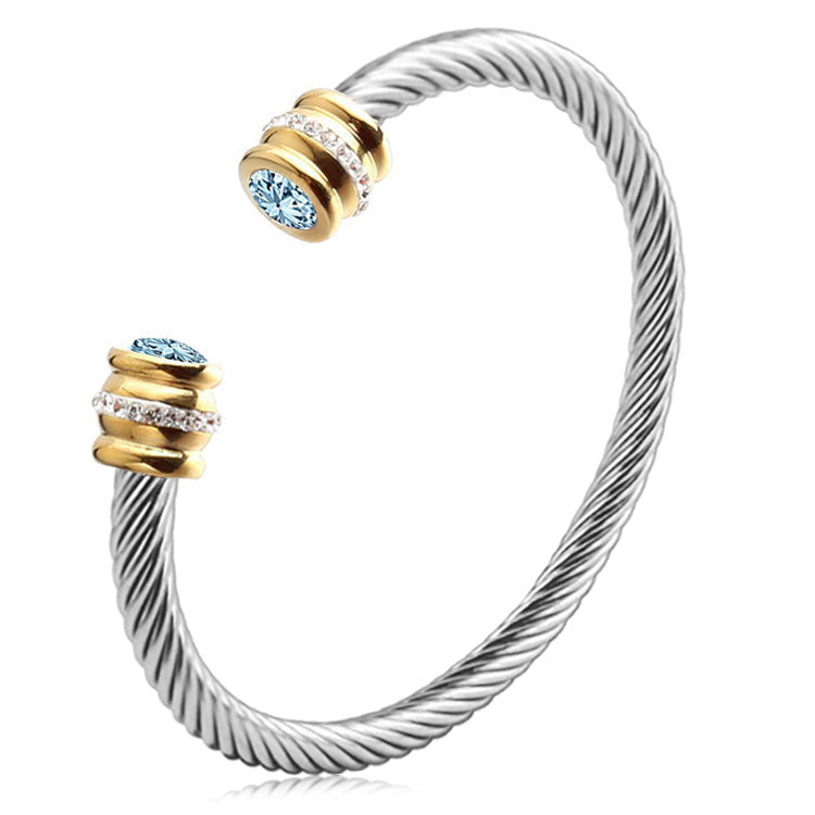 simple style solid color stainless steel inlay zircon cuff bracelets