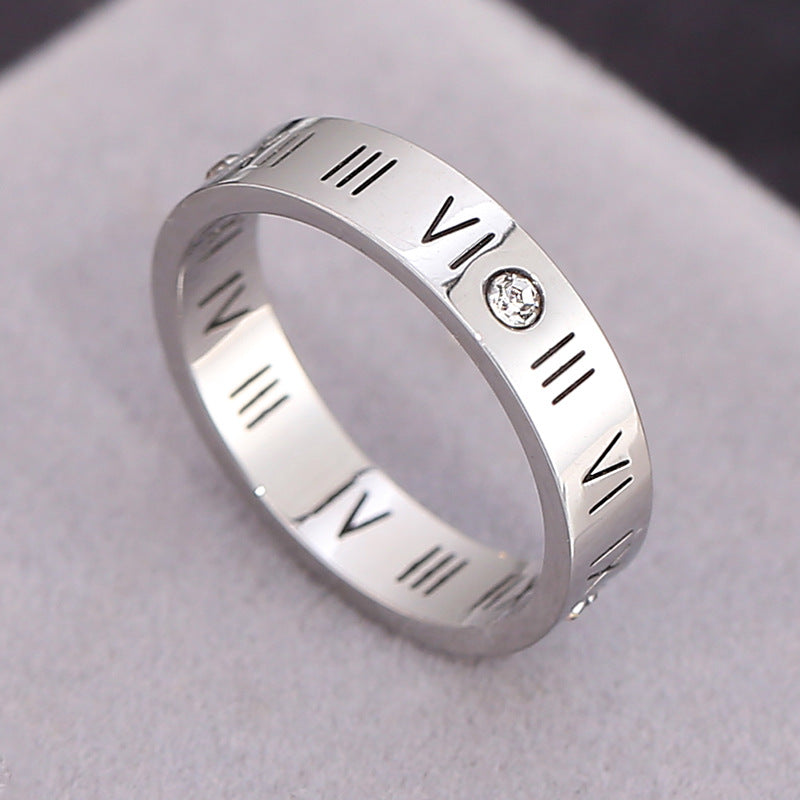 Titanium Steel Simple Style Plating Hollow Out Inlay Roman Numeral Zircon Rings