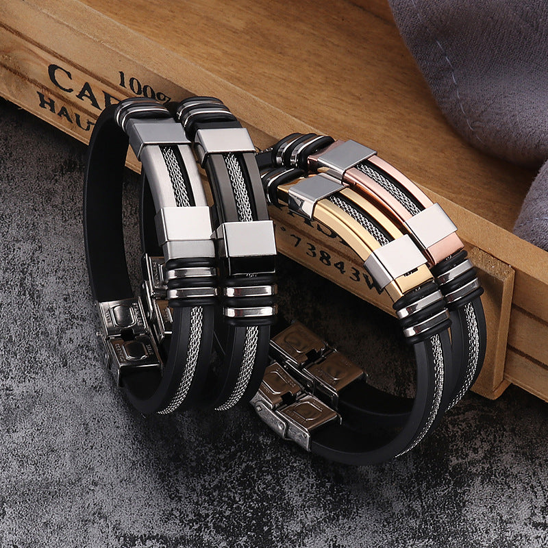 fashion solid color stainless steel silica gel plating men's bangle