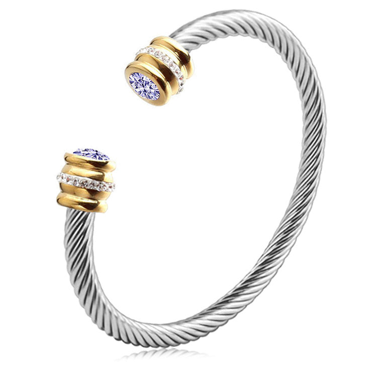 simple style solid color stainless steel inlay zircon cuff bracelets
