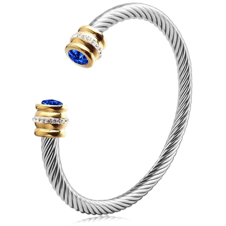 simple style solid color stainless steel inlay zircon cuff bracelets