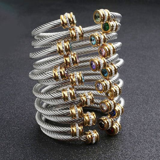 simple style solid color stainless steel inlay zircon cuff bracelets