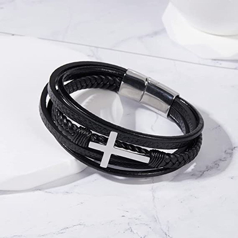 fashion cross rectangle stainless steel pu leather braid unisex bracelets