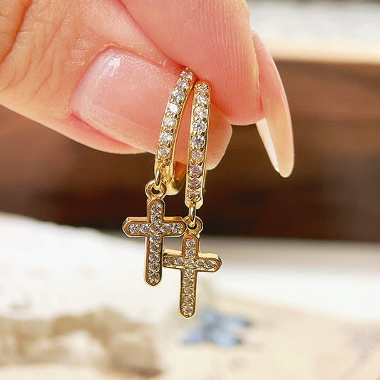 1 pair simple style cross copper zircon drop earrings